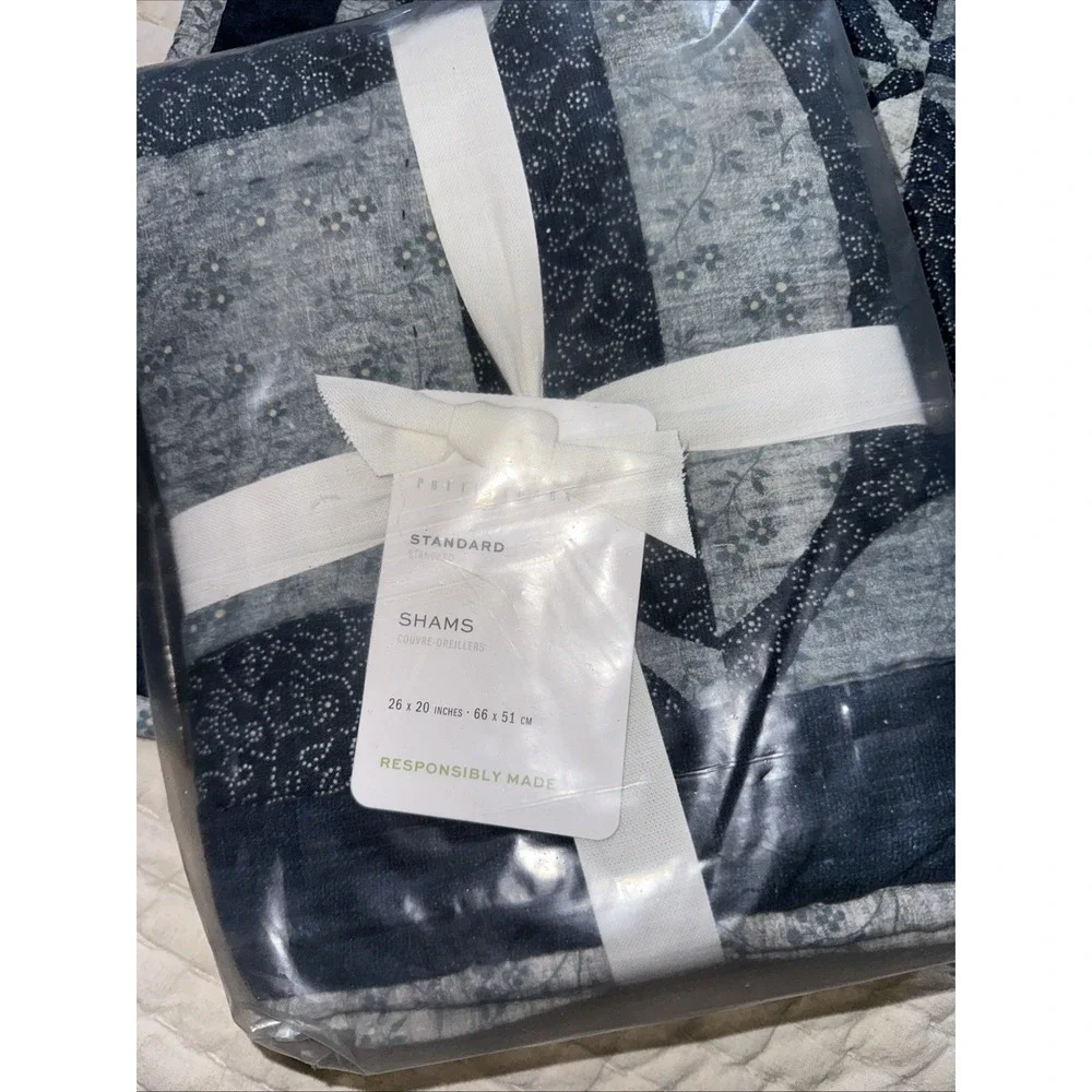 Pottery Barn Harper Blue Standard Pillow Shams Pair Cotton Classic Bedding NWT
